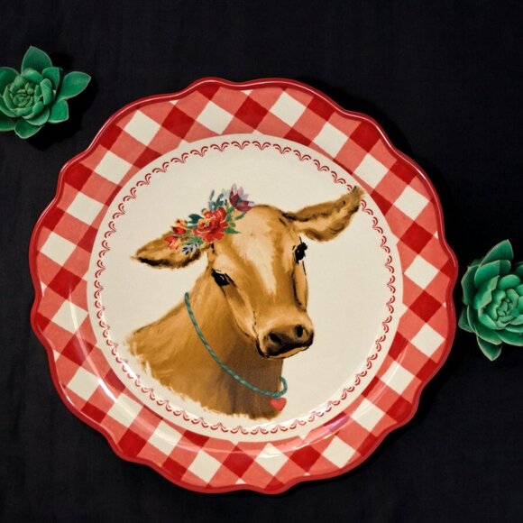 PIONEER WOMAN RED GINGHAM Sweet Farm Cow SALAD PLATE 8.8 INCH - Picture 1 of 12